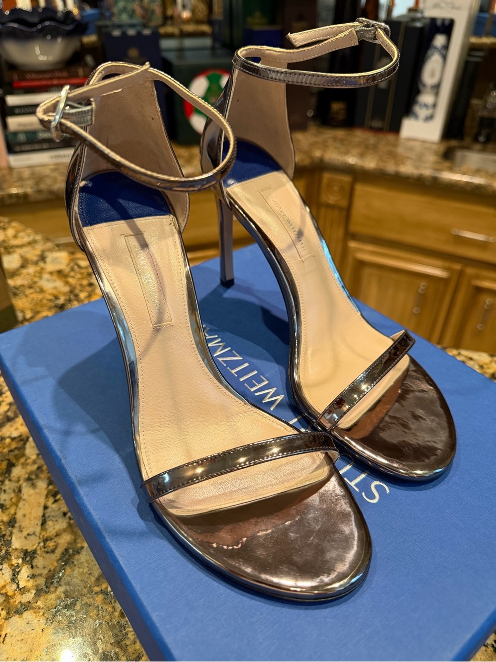 Stuart Weitzman Metallic pewter Ankle-Strap Stiletto Sandals